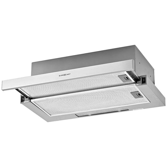 EUROCHEF 60cm Slideout Stainless Steel Rangehood, Quiet 2-Speed, 3-Layer Dishwashable Filters, Halogen Lights ESR60S.