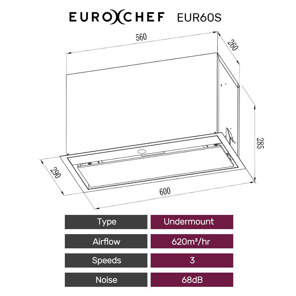 EUROCHEF 60cm Undermount Rangehood Stainless Steel, Quiet 3-Speed, 3-Layer Dishwashable Filter, LED Lights EUR60S.