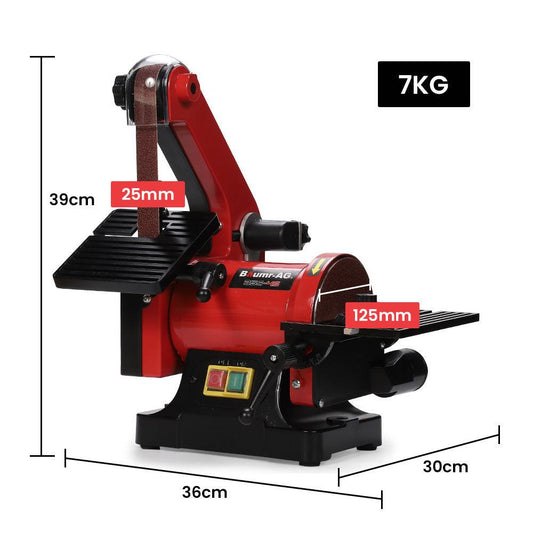 BAUMR-AG Bench Vertical Belt and Disc Sander Combo, 25mm Linisher, 125mm Sanding Disc, Brushless Motor, Dust Collection Ports.