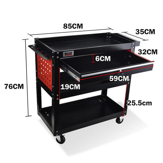 Bullet 3-Tier Steel Tool Trolley Cart, for Workshop, Mechanic, with Drawer, Pegboard, Screwdriver Bay, Black/Red.