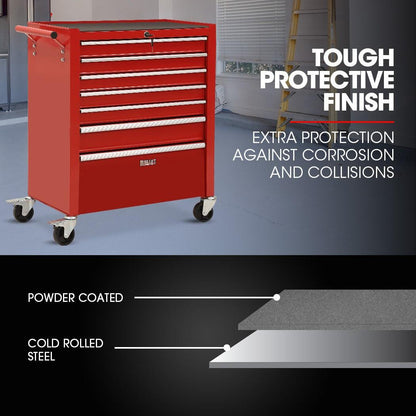 BULLET Pro 7 Drawer Tool Box Cabinet Trolley Storage, Toolbox Garage Organiser Set, Red.