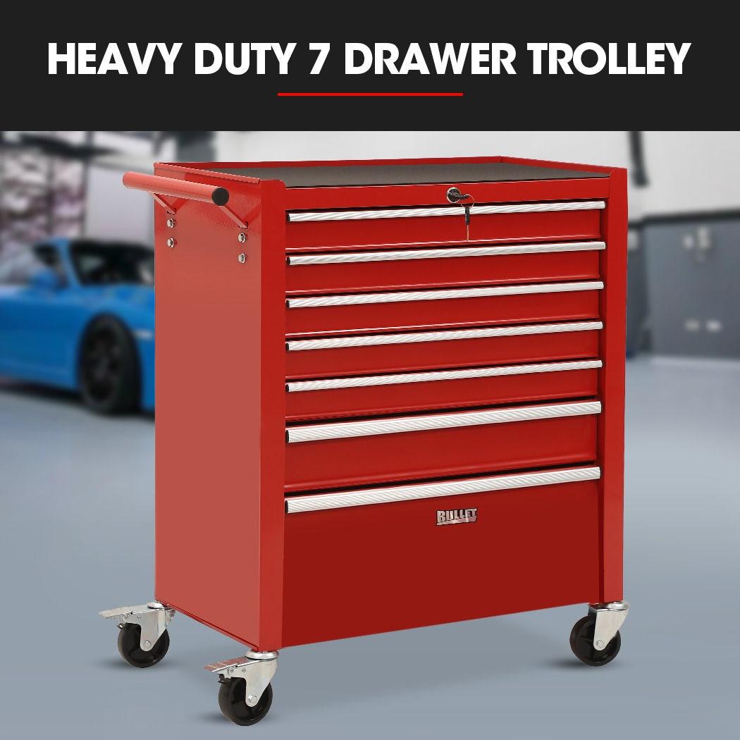 BULLET Pro 7 Drawer Tool Box Cabinet Trolley Storage, Toolbox Garage Organiser Set, Red.