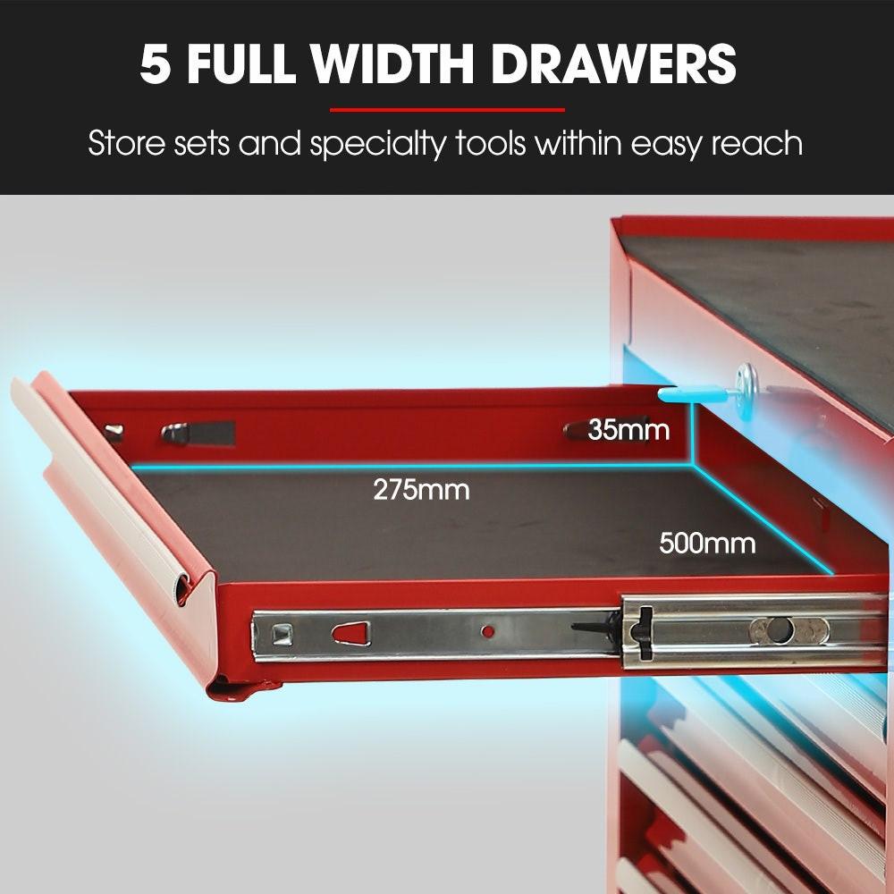 BULLET Pro 7 Drawer Tool Box Cabinet Trolley Storage, Toolbox Garage Organiser Set, Red.