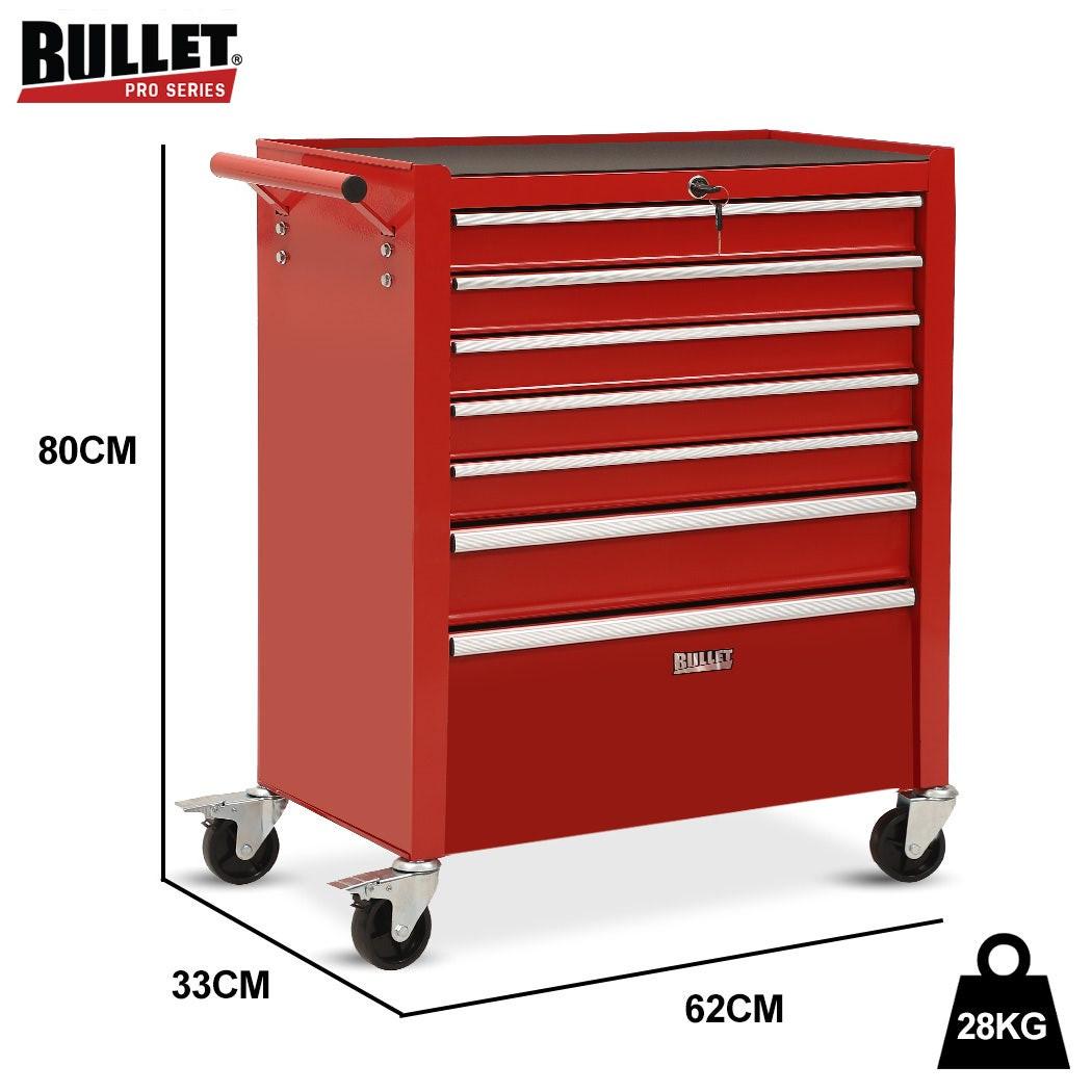 BULLET Pro 7 Drawer Tool Box Cabinet Trolley Storage, Toolbox Garage Organiser Set, Red.