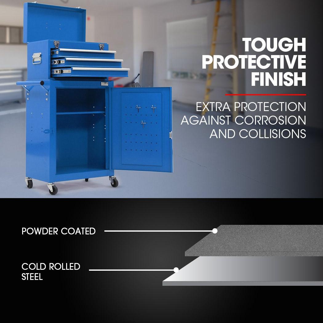 Bullet Pro 3 Drawer Tool Box Cabinet Trolley Storage, with 1-Door Toolbox Garage Organiser Set, Blue.