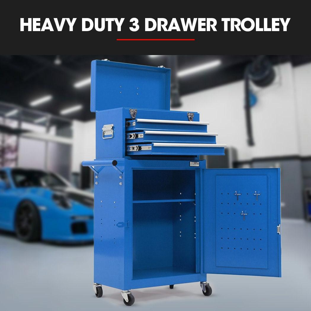 Bullet Pro 3 Drawer Tool Box Cabinet Trolley Storage, with 1-Door Toolbox Garage Organiser Set, Blue.