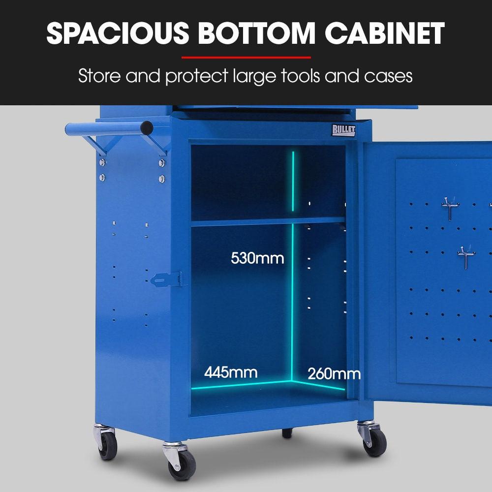 Bullet Pro 3 Drawer Tool Box Cabinet Trolley Storage, with 1-Door Toolbox Garage Organiser Set, Blue.