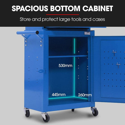 Bullet Pro 3 Drawer Tool Box Cabinet Trolley Storage, with 1-Door Toolbox Garage Organiser Set, Blue.