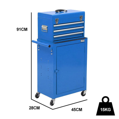 Bullet Pro 3 Drawer Tool Box Cabinet Trolley Storage, with 1-Door Toolbox Garage Organiser Set, Blue.