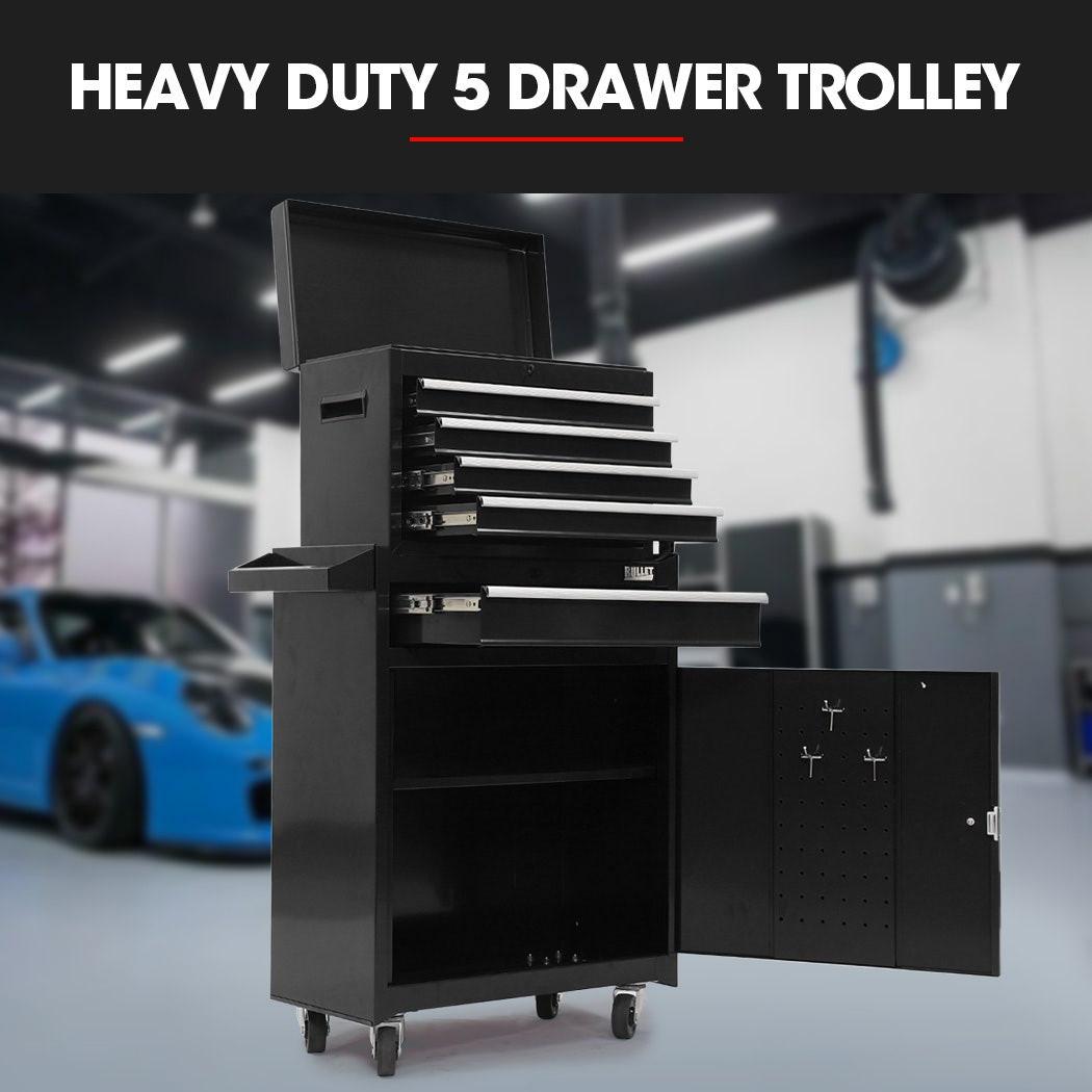 BULLET Pro 5 Drawer Tool Box Cabinet Chest Storage, with 1-Door Toolbox Garage Organiser Set, Black.