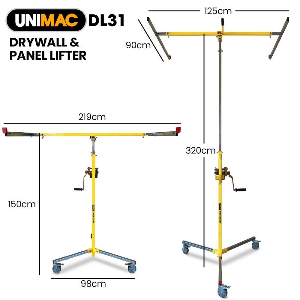 UNIMAC Drywall & Panel Lifter, 1200 x 3600 68kg Max Gyprock Sheet, Galvanised, No-mark Locking Castors.