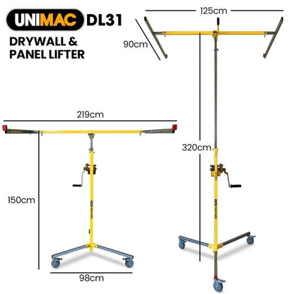 UNIMAC Drywall & Panel Lifter, 1200 x 3600 68kg Max Gyprock Sheet, Galvanised, No-mark Locking Castors.
