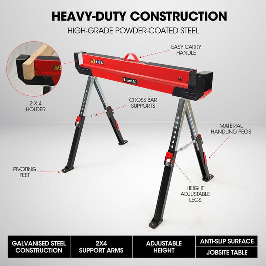 BAUMR-AG 2 x Steel Saw Horse, Folding Height Adjustable Sawhorse, 1180kg Capacity, 2x4 Support Arms.