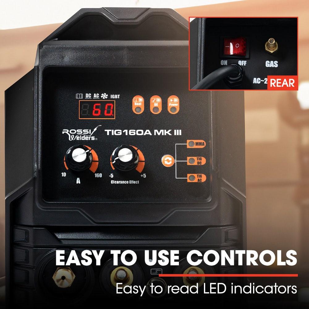 ROSSI 160 Amp AC DC TIG MMA ARC Stick Inverter Welder, Ideal for Aluminium and Copper Welding, 15A Plug.
