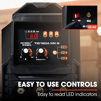 ROSSI 160 Amp AC DC TIG MMA ARC Stick Inverter Welder, Ideal for Aluminium and Copper Welding, 15A Plug.