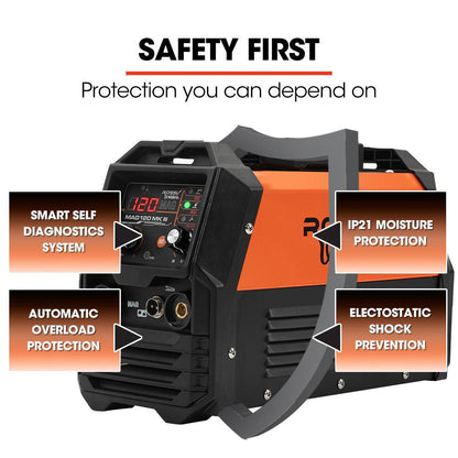 ROSSI 120 Amp Inverter Welder, 3in1 Portable MMA ARC /MIG Gasless /Lift-TIG Welding Machine, 15A Plug.