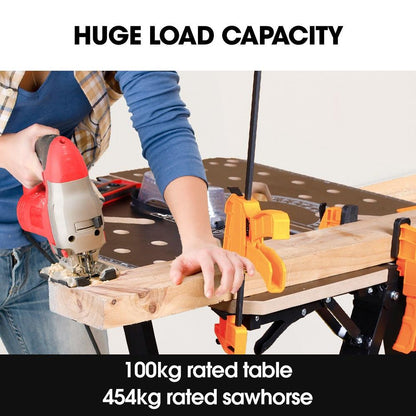 BAUMR-AG Portable Multifunction Workbench, 2-in-1 Worktable and Sawhorse, Height Adjustable, Expandable.