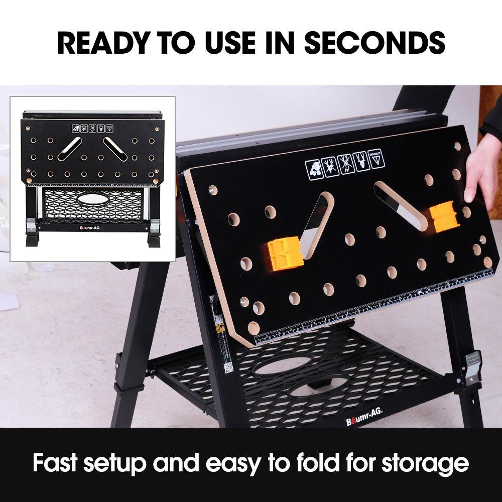 BAUMR-AG Portable Multifunction Workbench, 2-in-1 Worktable and Sawhorse, Height Adjustable, Expandable.