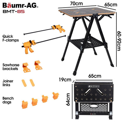 BAUMR-AG Portable Multifunction Workbench, 2-in-1 Worktable and Sawhorse, Height Adjustable, Expandable.