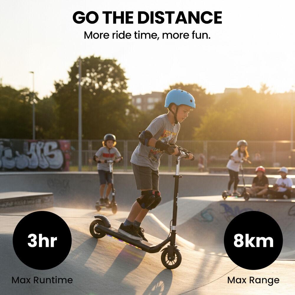 ALPHA Edge Electric Scooter Kids/Teens, 16km/h Max, Adjustable Height, UL Certified, AU Compliant, Dual Brakes, Bluetooth Music, LED, Black.