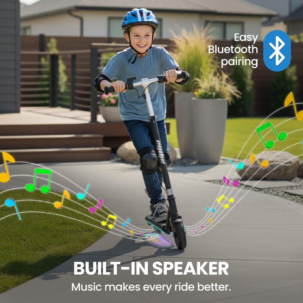 ALPHA Edge Electric Scooter Kids/Teens, 16km/h Max, Adjustable Height, UL Certified, AU Compliant, Dual Brakes, Bluetooth Music, LED, Black.