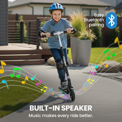 ALPHA Edge Electric Scooter Kids/Teens, 16km/h Max, Adjustable Height, UL Certified, AU Compliant, Dual Brakes, Bluetooth Music, LED, Black.