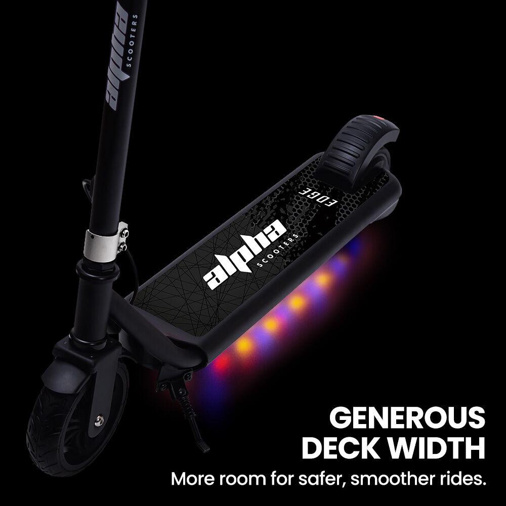 ALPHA Edge Electric Scooter Kids/Teens, 16km/h Max, Adjustable Height, UL Certified, AU Compliant, Dual Brakes, Bluetooth Music, LED, Black.