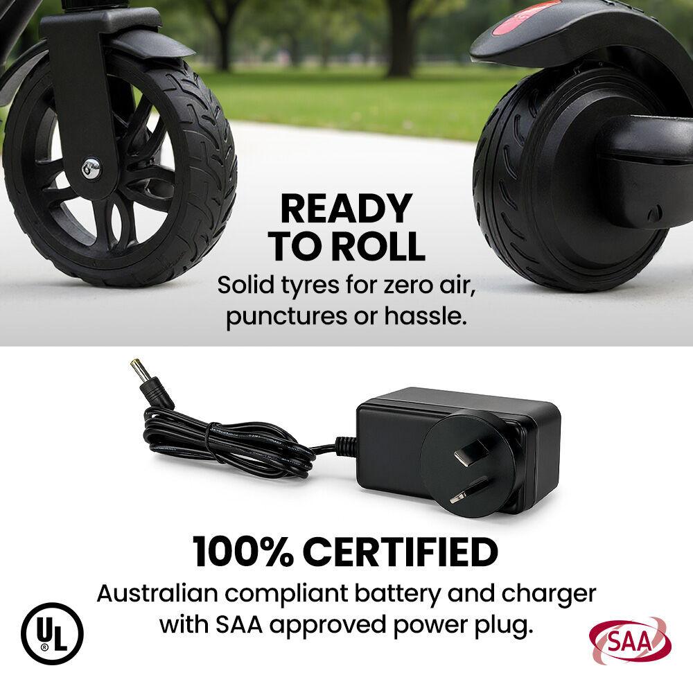 ALPHA Edge Electric Scooter Kids/Teens, 16km/h Max, Adjustable Height, UL Certified, AU Compliant, Dual Brakes, Bluetooth Music, LED, Black.