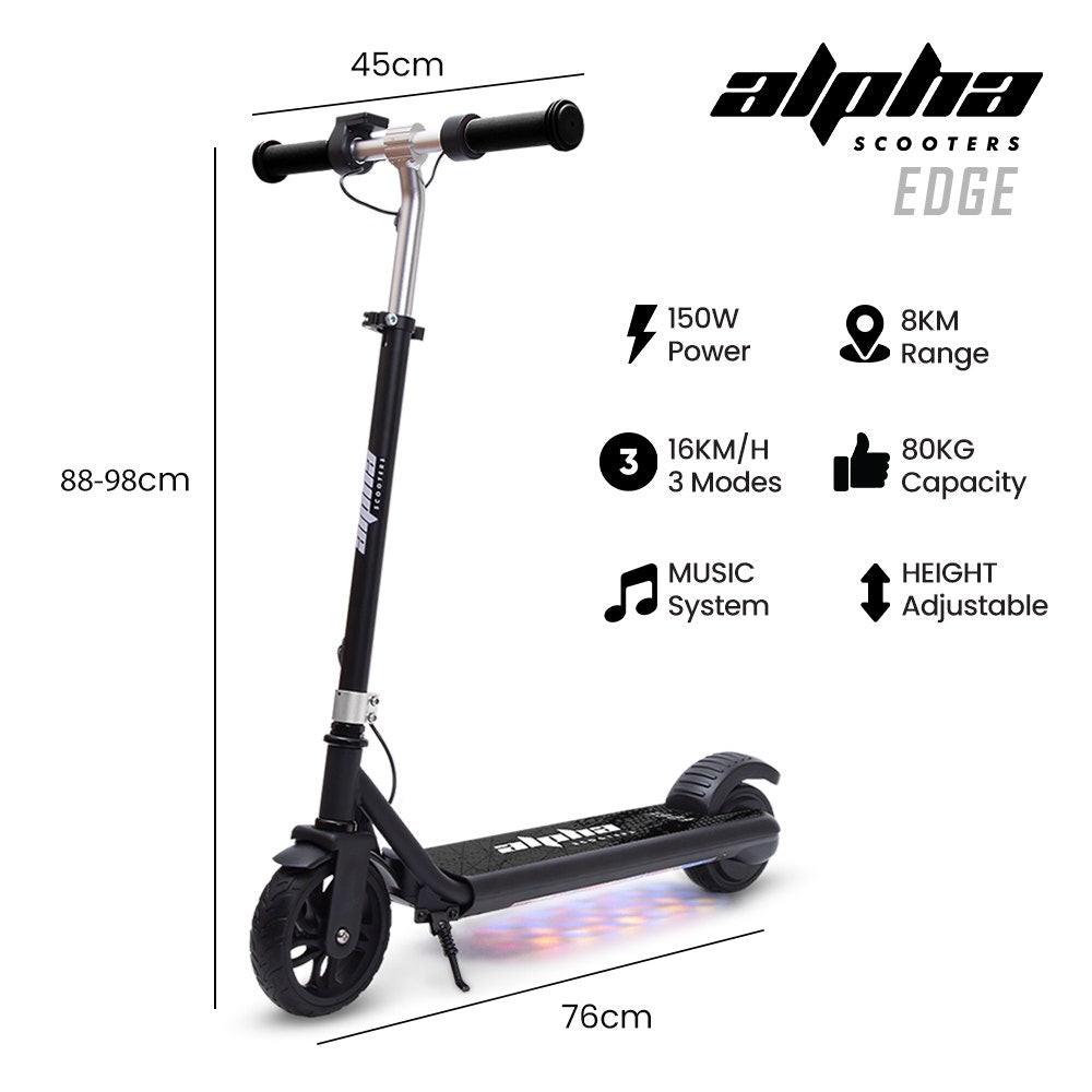 ALPHA Edge Electric Scooter Kids/Teens, 16km/h Max, Adjustable Height, UL Certified, AU Compliant, Dual Brakes, Bluetooth Music, LED, Black.