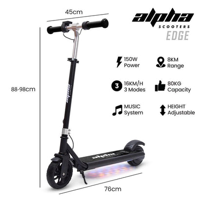 ALPHA Edge Electric Scooter Kids/Teens, 16km/h Max, Adjustable Height, UL Certified, AU Compliant, Dual Brakes, Bluetooth Music, LED, Black.