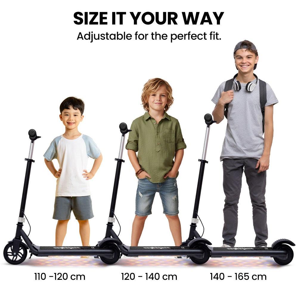 ALPHA Edge Electric Scooter Kids/Teens, 16km/h Max, Adjustable Height, UL Certified, AU Compliant, Dual Brakes, Bluetooth Music, LED, Black.