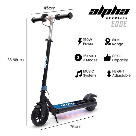 ALPHA Edge Electric Scooter Kids/Teens, 16km/h Max, Adjustable Height, UL Certified, AU Compliant, Dual Brakes, Bluetooth Music, LED, Blue.