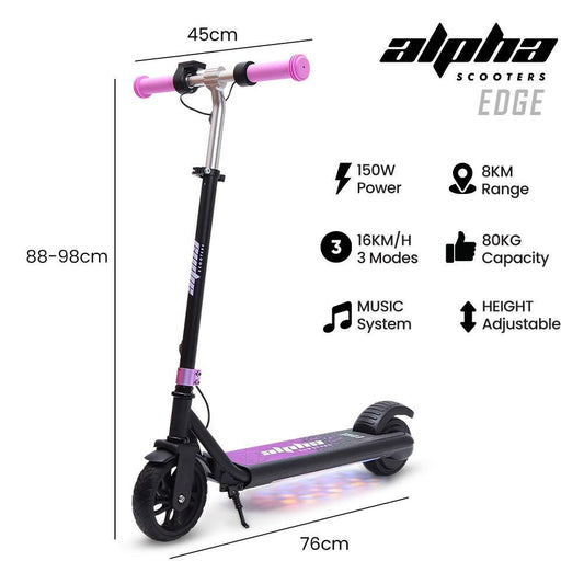 ALPHA Edge Electric Scooter Kids/Teens, 16km/h Max, Adjustable Height, UL Certified, AU Compliant, Dual Brakes, Bluetooth Music, LED, Pink.