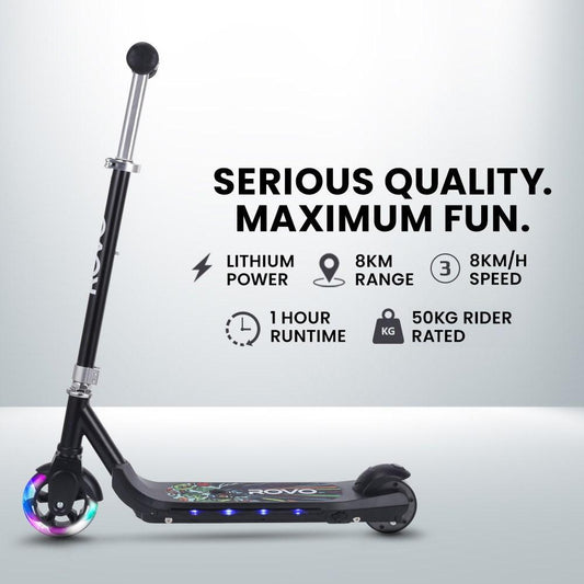 ROVO KIDS WhizKid Electric Scooter, Ages 5-11, Adjustable Height, AU Compliant, Lithium Battery, Brushless Motor, Black.