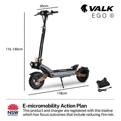 VALK Ego 8 Electric Scooter, Powerful, AU Compliant, 48V 13Ah, 55km Max Range, eScooter for Adults, Foldable, Off Road, Black/Bronze