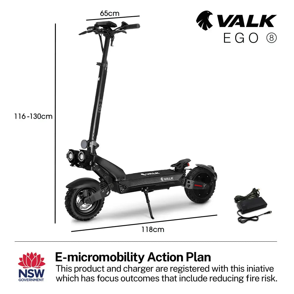 VALK Ego 8 Electric Scooter, 500W, AU Compliant, 48V 13Ah, 55km Max Range, eScooter for Adults, Foldable, Off Road, Black