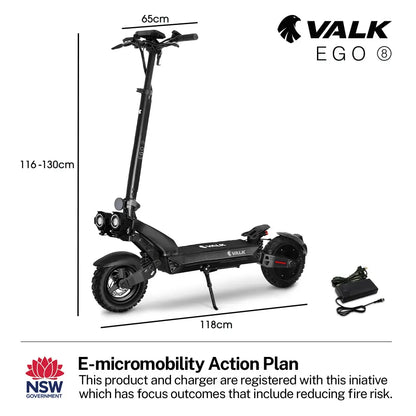 VALK Ego 8 Electric Scooter, 500W, AU Compliant, 48V 13Ah, 55km Max Range, eScooter for Adults, Foldable, Off Road, Black