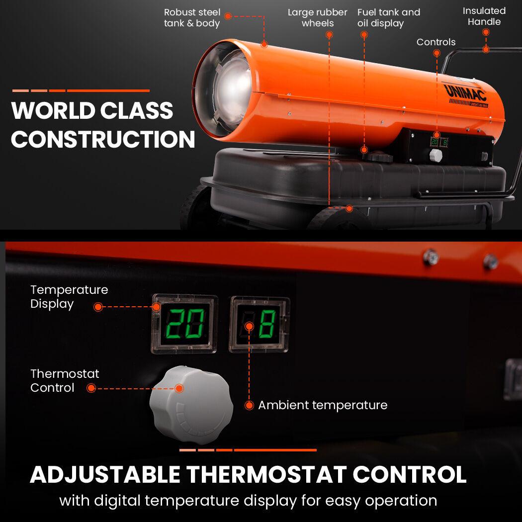 UNIMAC 50KW Portable Industrial Diesel Direct Forced Air Space Heater.
