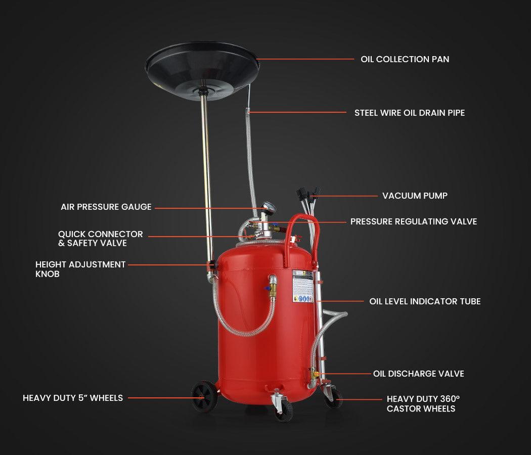 T-REX 80L Mobile Waste Oil Drainer Tank, Pneumatic, Telescopic, Extractor Probes, Workshop.