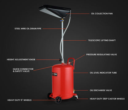 T-REX 80L Mobile Waste Oil Drainer, Telescopic, with Air Compressor Fitting, for Workshop.