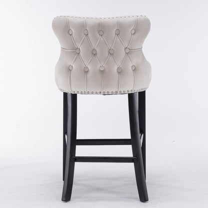 4x Velvet Upholstered Button Tufted Bar Stools with Wood Legs and Studs-Beige