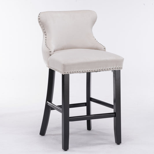 2x Velvet Upholstered Button Tufted Bar Stools with Wood Legs and Studs-Beige