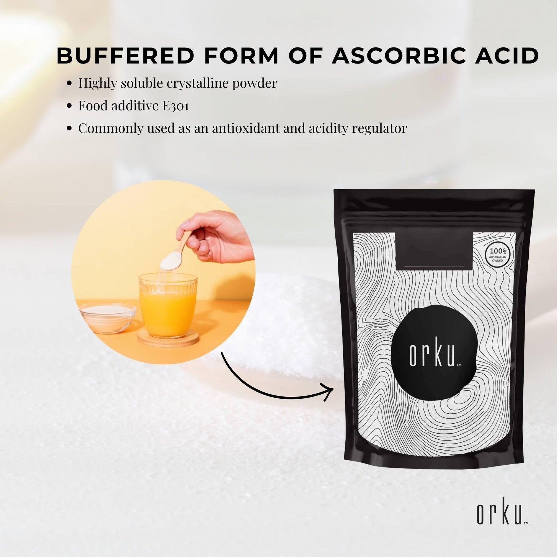 Orku 100g Sodium Ascorbate - High Purity Soluble Crystalline Powder Ingredient.