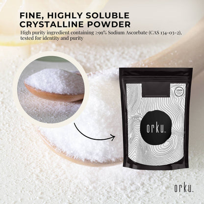 Orku 100g Sodium Ascorbate - High Purity Soluble Crystalline Powder Ingredient.