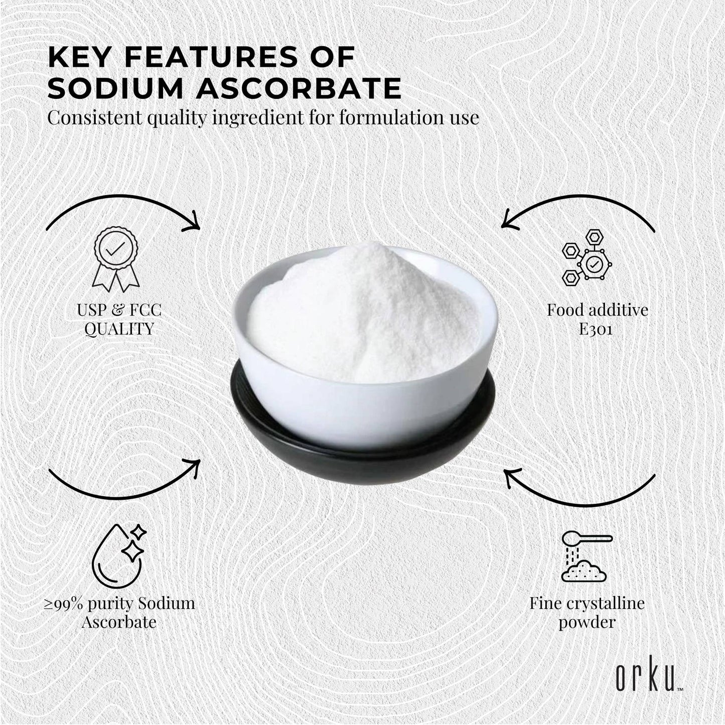 Orku 100g Sodium Ascorbate - High Purity Soluble Crystalline Powder Ingredient.