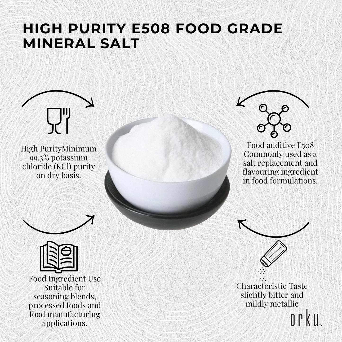 Orku 2Kg Potassium Chloride Powder (KCl) - Food Grade E508 Salt Substitute