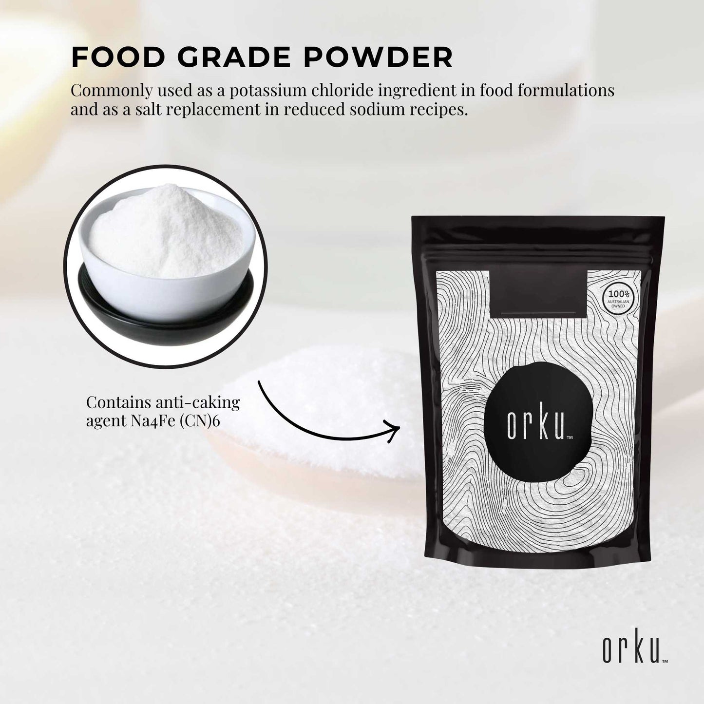 Orku 2Kg Potassium Chloride Powder (KCl) - Food Grade E508 Salt Substitute