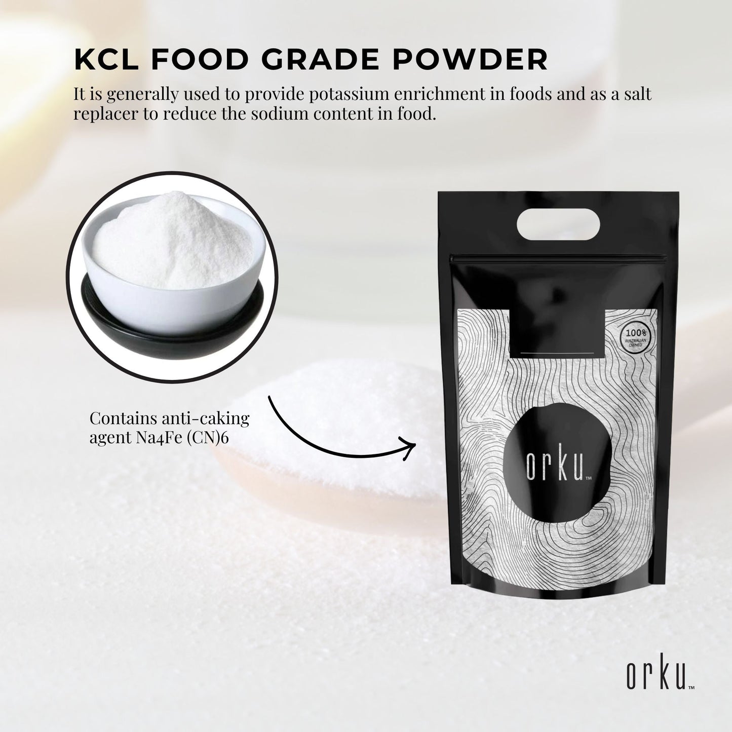 Orku 2Kg Potassium Chloride Powder (KCl) - Food Grade E508 Salt Substitute