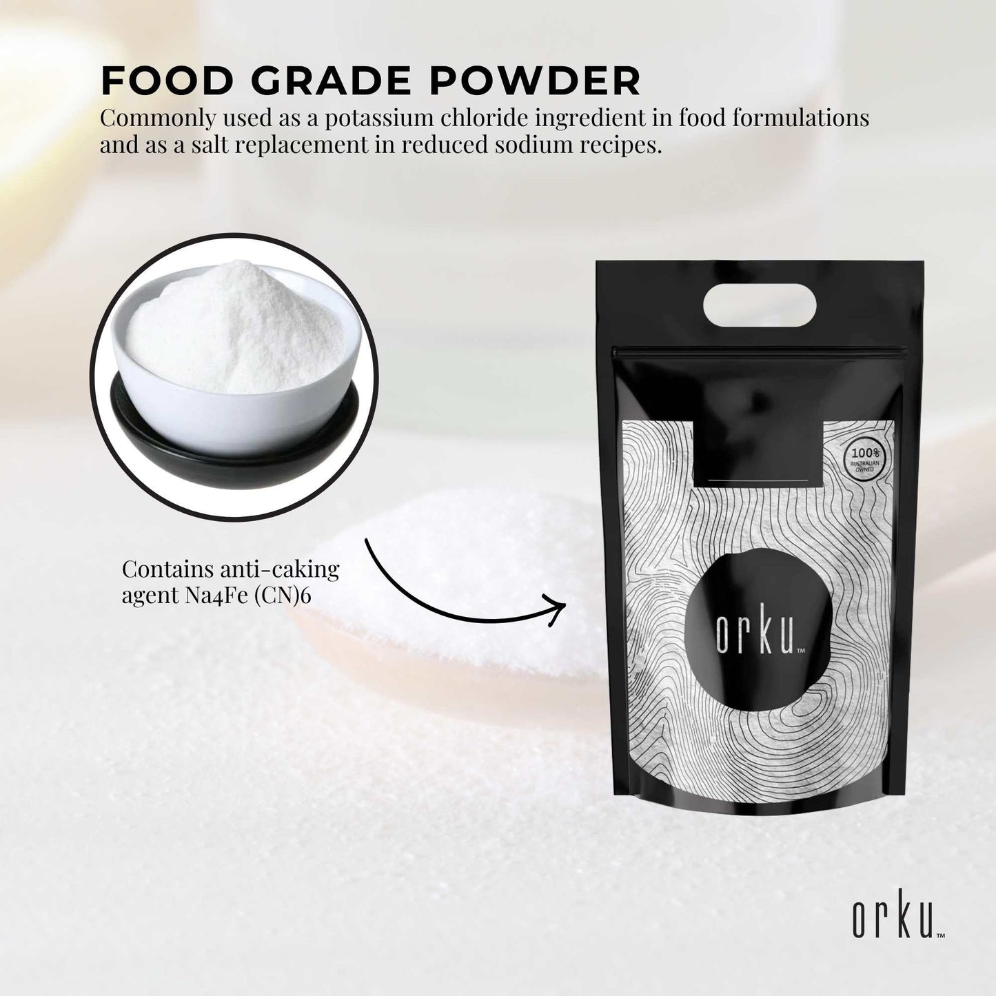 Orku 2Kg Potassium Chloride Powder (KCl) - Food Grade E508 Salt Substitute