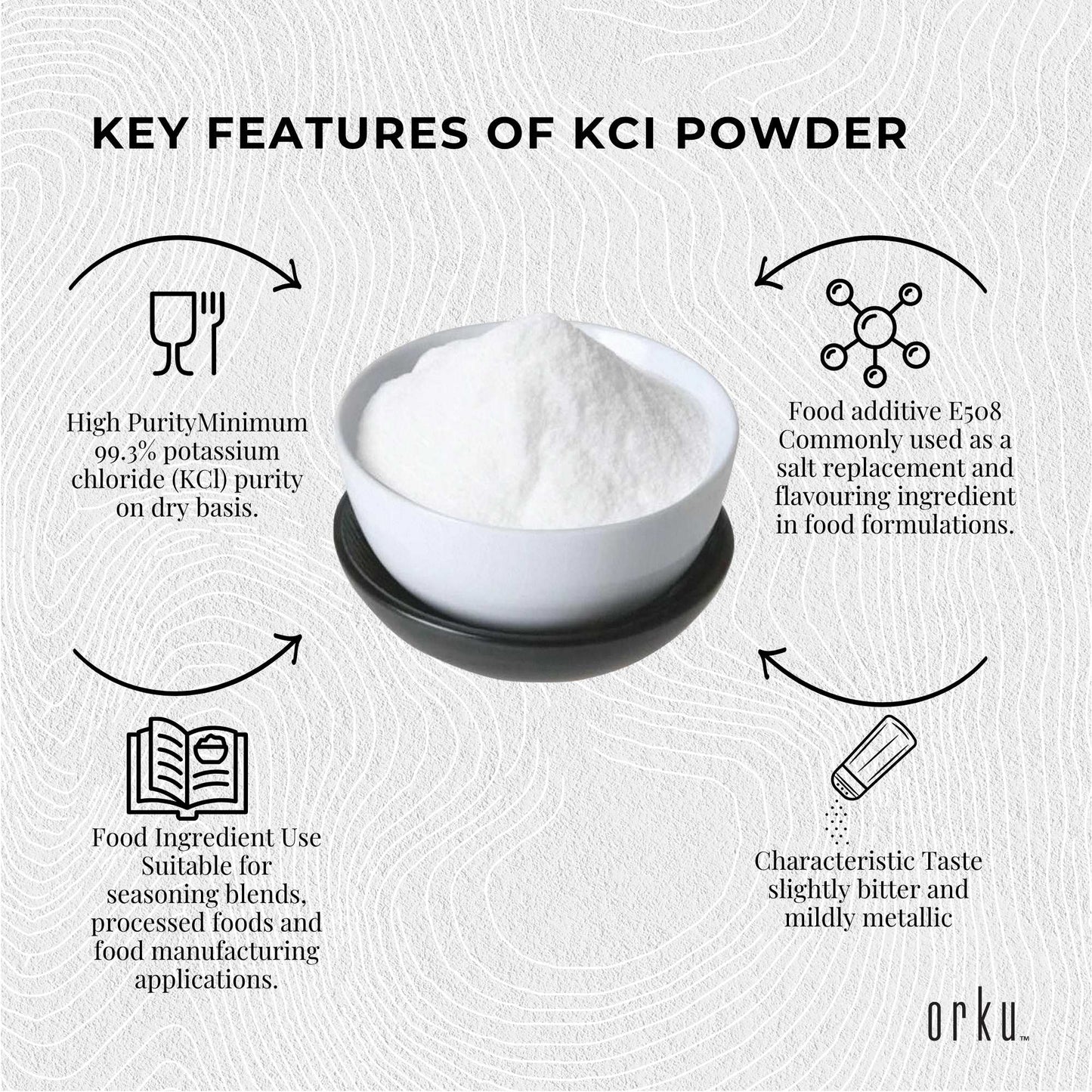 Orku 2Kg Potassium Chloride Powder (KCl) - Food Grade E508 Salt Substitute